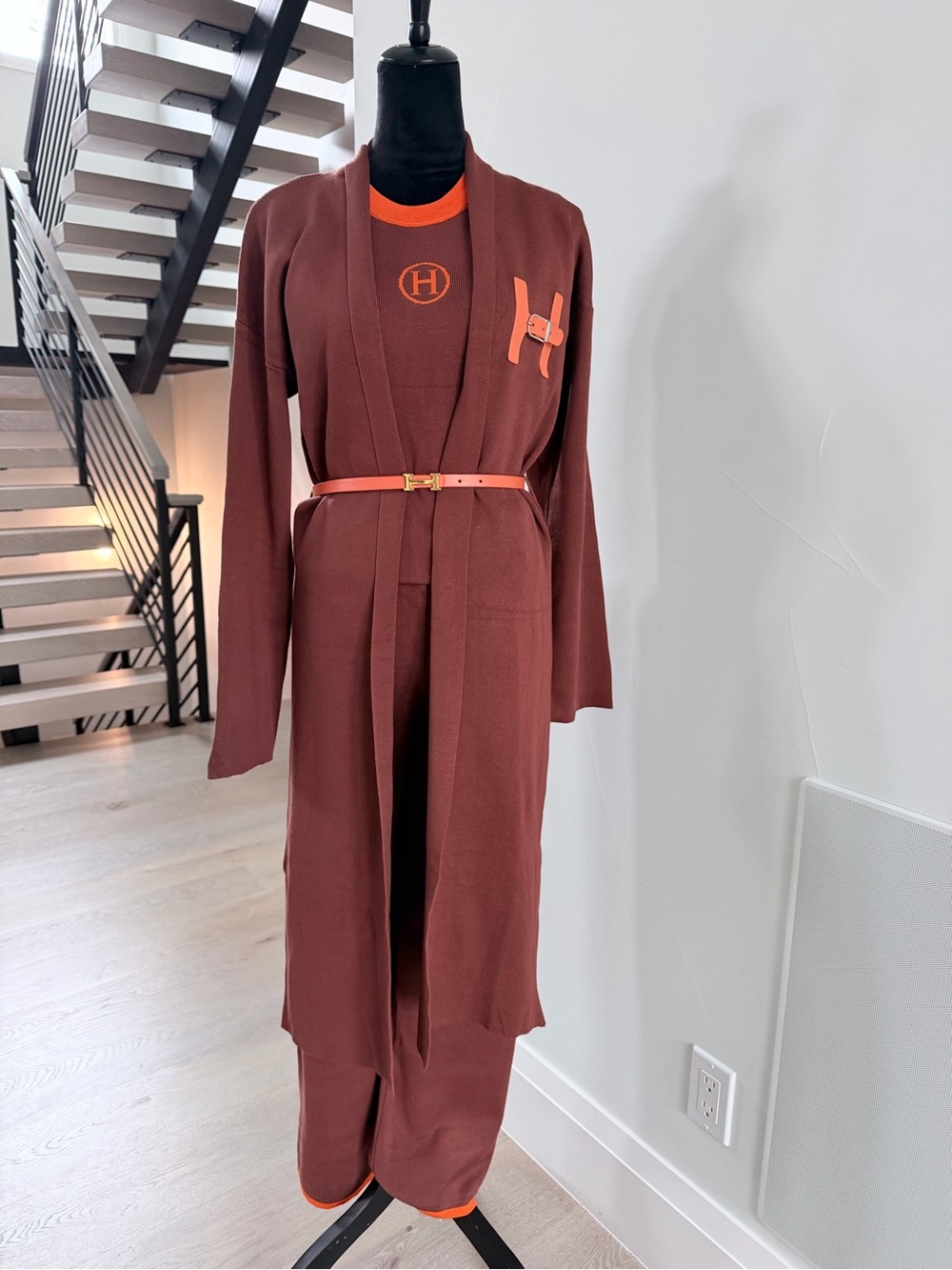 Brown & Orange Knit Three Piece Set with Signature H Accent size S